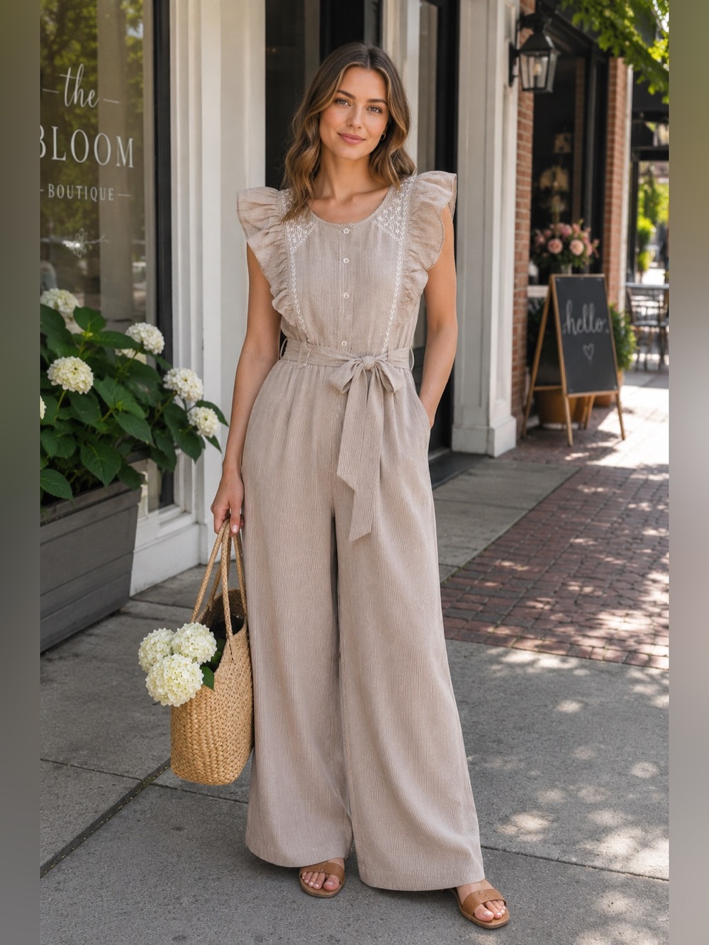 Anthropologie Ivory-Taupe Ruffle-Sleeve Wide-Leg Jumpsuit